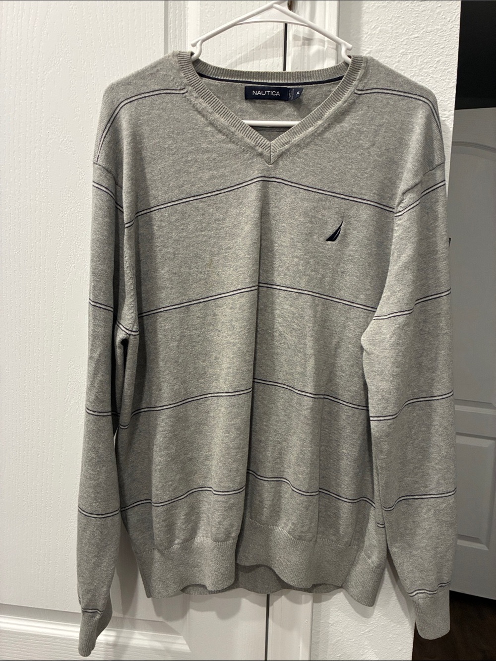 Nautica Gray V-Neck Sweater with Navy Sail Logo